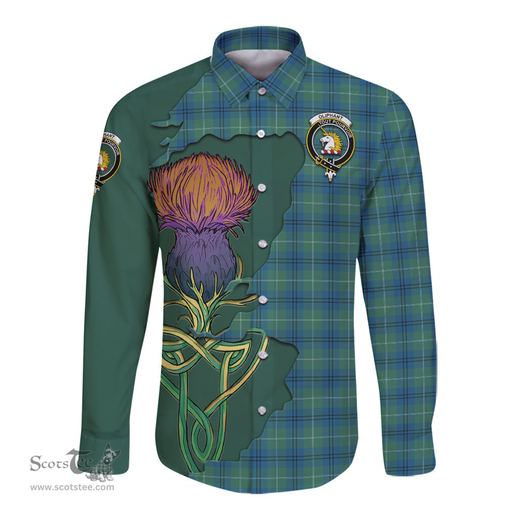 Scottish Oliphant Ancient Clan Tartan Crest with Thistle and Scotland Map Tartan Long Sleeve Shirt Scottish Plaid Tartan Plaid - ScotsTee - scotstee.com