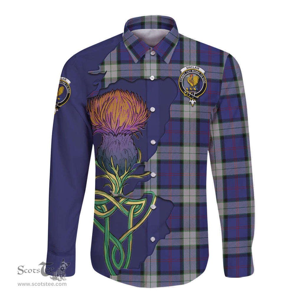 Scottish Sinclair Dress Clan Tartan Crest with Thistle and Scotland Map Tartan Long Sleeve Shirt Scottish Plaid Tartan Plaid - ScotsTee - scotstee.com