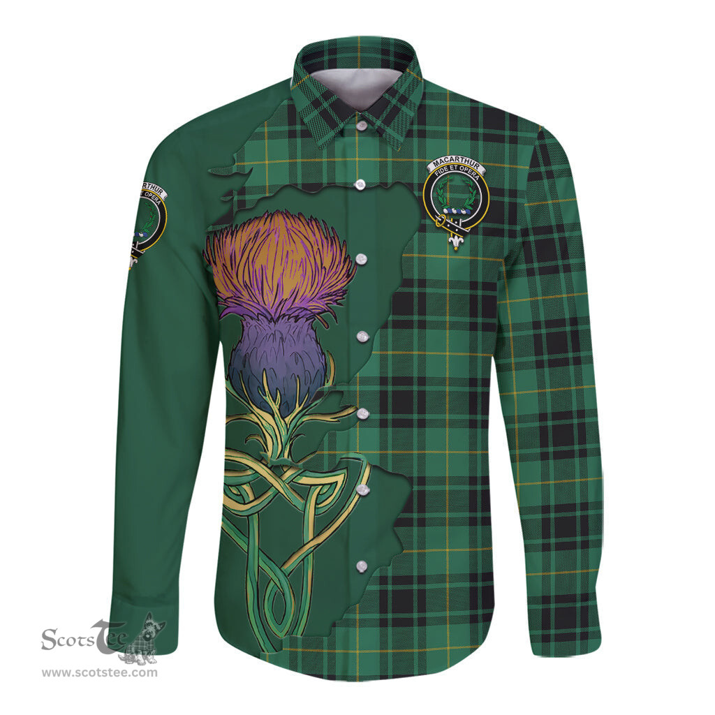 Scottish MacArthur Ancient Clan Tartan Crest with Thistle and Scotland Map Tartan Long Sleeve Shirt Scottish Plaid Tartan Plaid - ScotsTee - scotstee.com