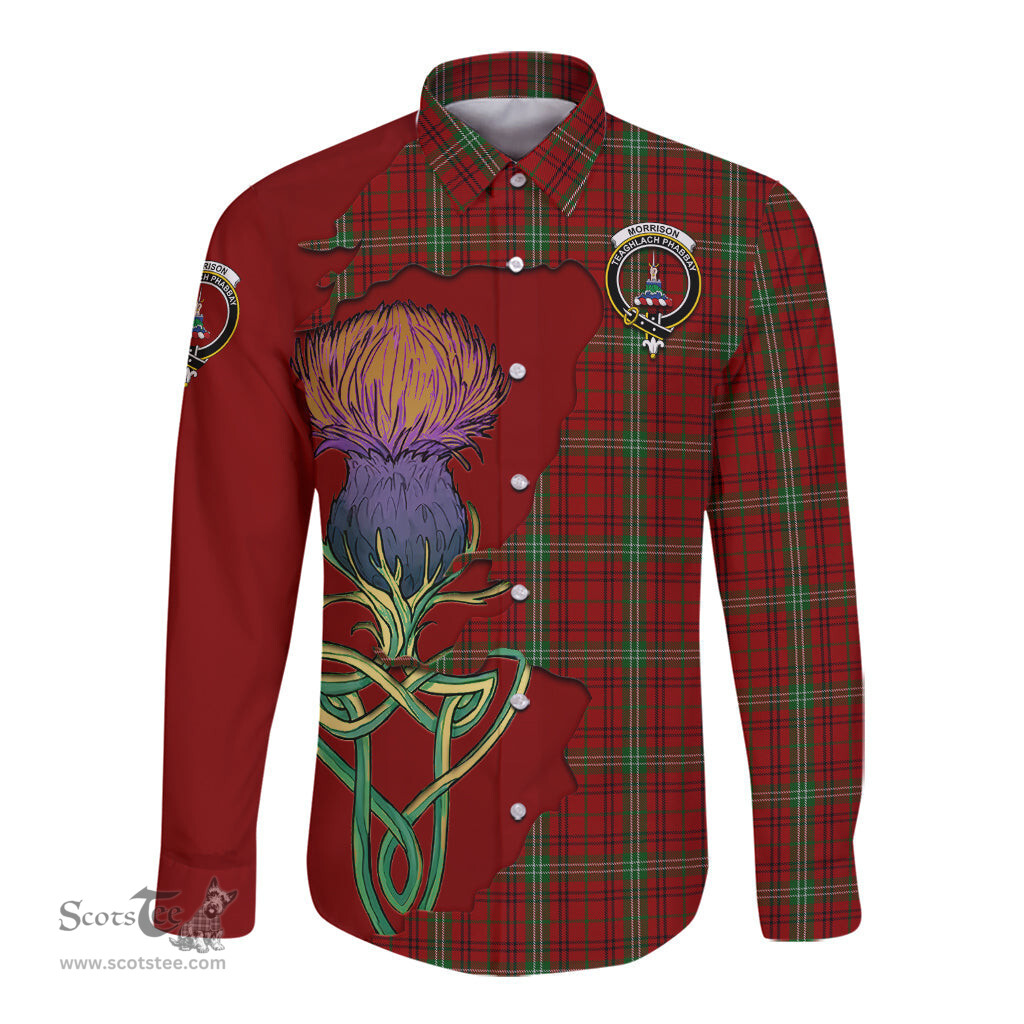 Scottish Morrison Clan Tartan Crest with Thistle and Scotland Map Tartan Long Sleeve Shirt Scottish Plaid Tartan Plaid - ScotsTee - scotstee.com