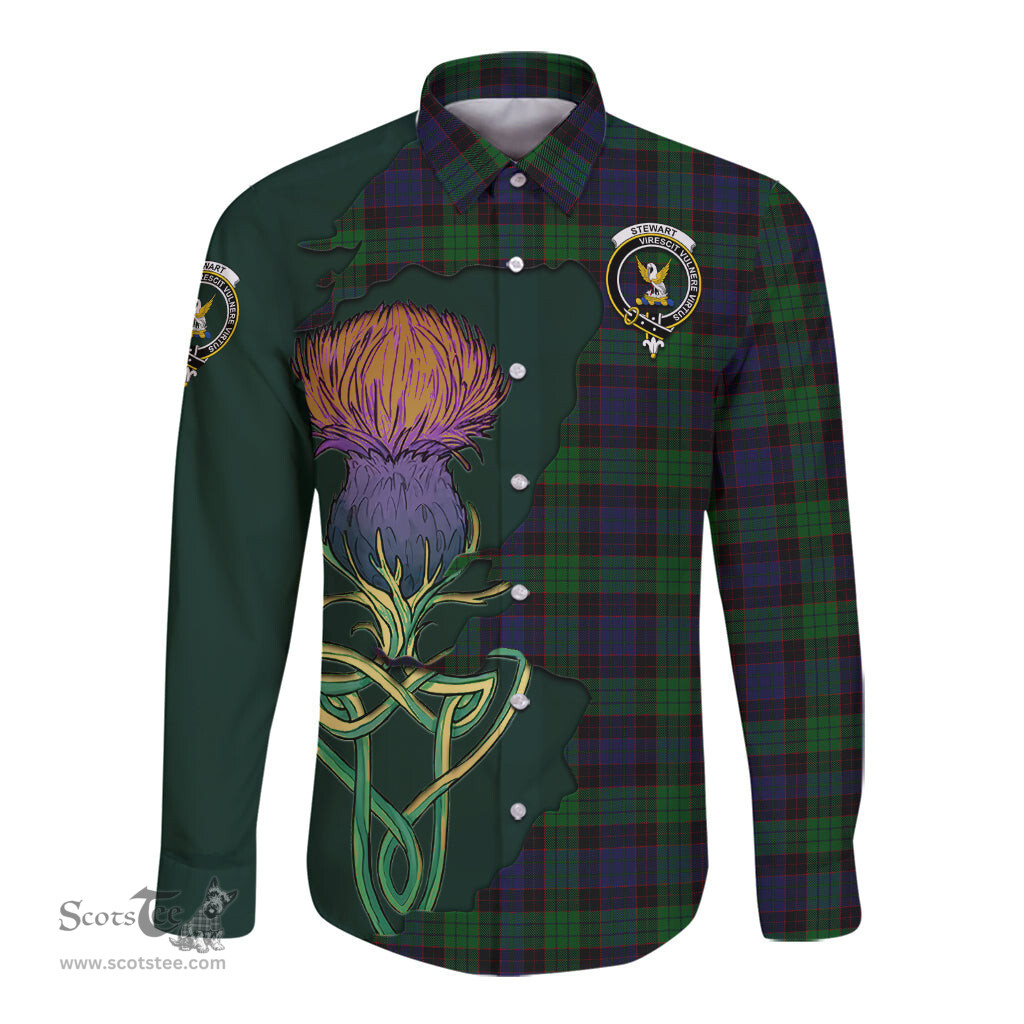 Scottish Stewart Old Clan Tartan Crest with Thistle and Scotland Map Tartan Long Sleeve Shirt Scottish Plaid Tartan Plaid - ScotsTee - scotstee.com