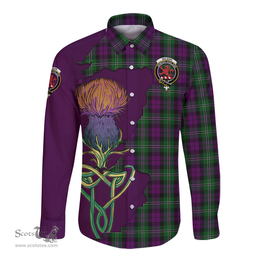 Scottish Wilson Clan Tartan Crest with Thistle and Scotland Map Tartan Long Sleeve Shirt Scottish Plaid Tartan Plaid - ScotsTee - scotstee.com