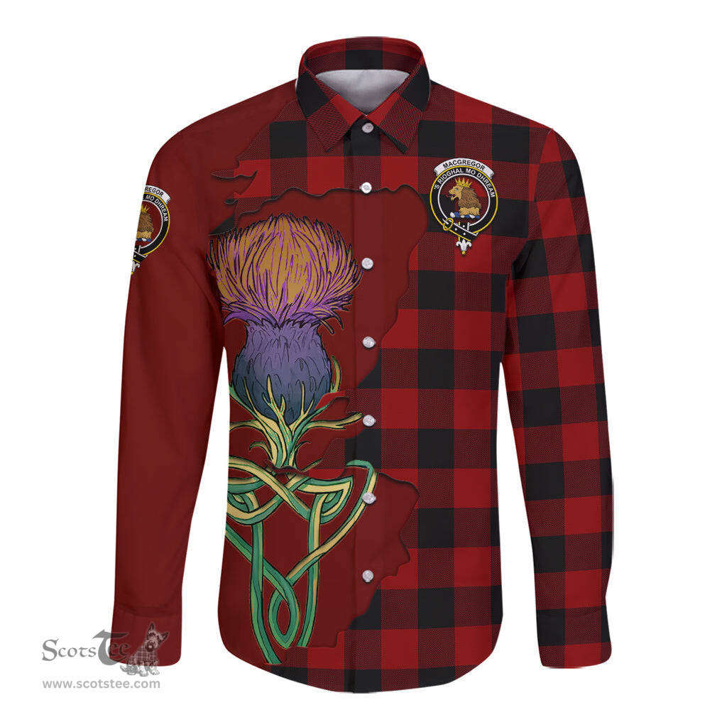 Scottish Rob Roy Macgregor Clan Tartan Crest with Thistle and Scotland Map Tartan Long Sleeve Shirt Scottish Plaid Tartan Plaid - ScotsTee - scotstee.com