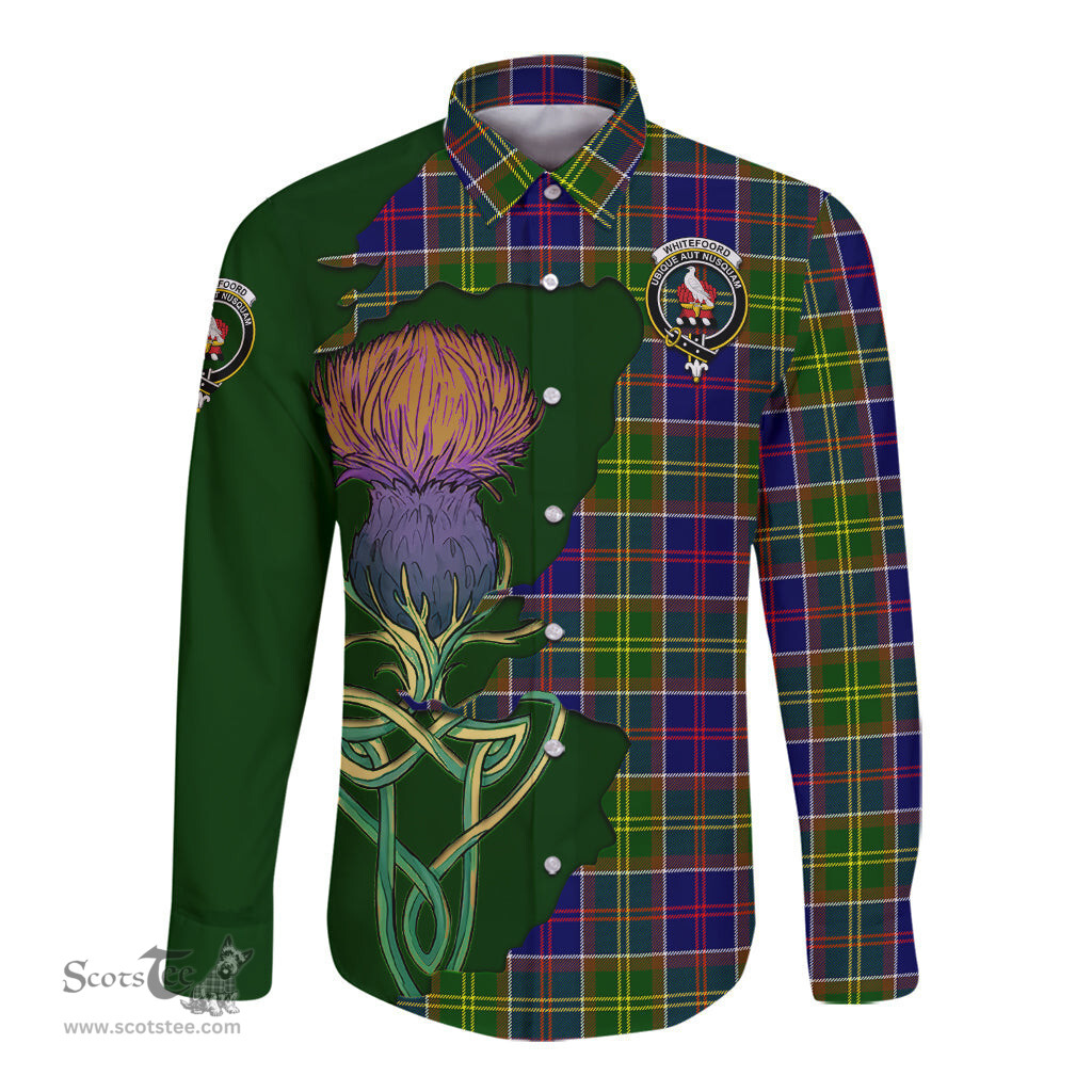 Scottish Whitefoord Modern Clan Tartan Crest with Thistle and Scotland Map Tartan Long Sleeve Shirt Scottish Plaid Tartan Plaid - ScotsTee - scotstee.com