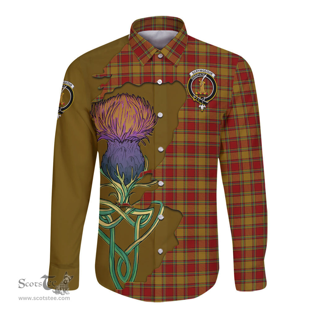 Scottish Scrymgeour Clan Tartan Crest with Thistle and Scotland Map Tartan Long Sleeve Shirt Scottish Plaid Tartan Plaid - ScotsTee - scotstee.com