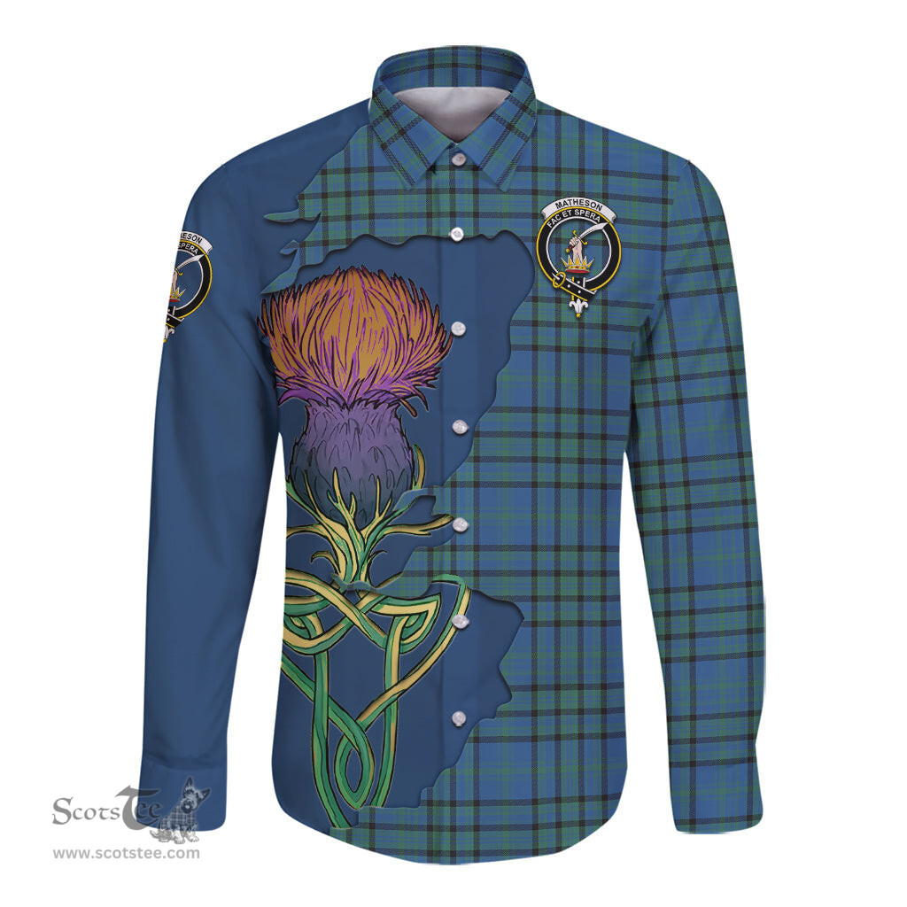 Scottish Matheson Hunting Ancient Clan Tartan Crest with Thistle and Scotland Map Tartan Long Sleeve Shirt Scottish Plaid Tartan Plaid - ScotsTee - scotstee.com
