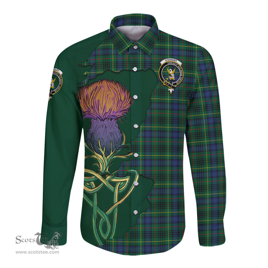 Scottish Stewart Hunting Modern Clan Tartan Crest with Thistle and Scotland Map Tartan Long Sleeve Shirt Scottish Plaid Tartan Plaid - ScotsTee - scotstee.com