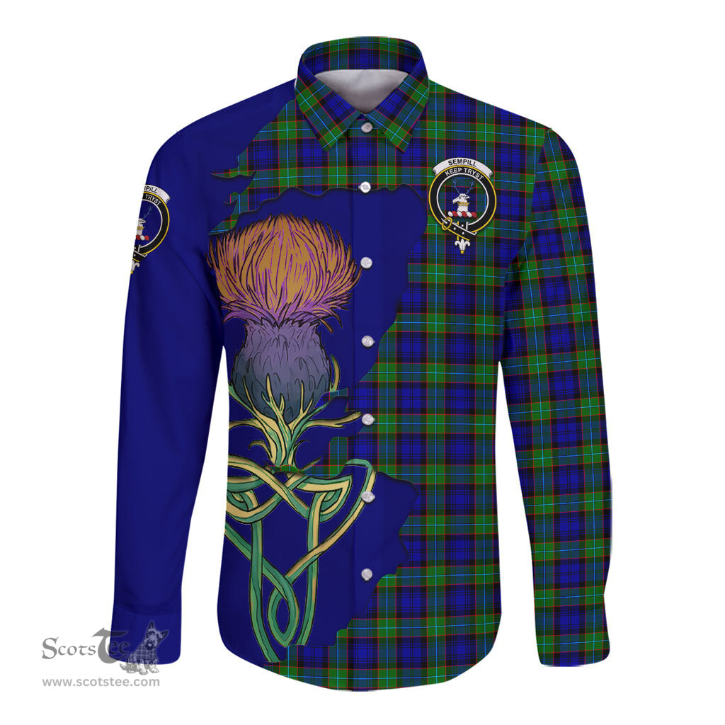 Scottish Sempill Modern Clan Tartan Crest with Thistle and Scotland Map Tartan Long Sleeve Shirt Scottish Plaid Tartan Plaid - ScotsTee - scotstee.com