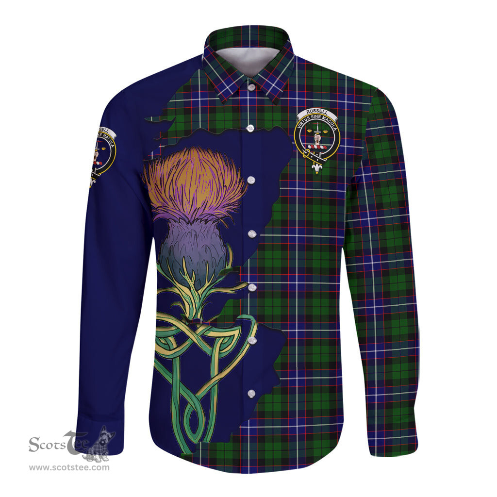 Scottish Russell Modern Clan Tartan Crest with Thistle and Scotland Map Tartan Long Sleeve Shirt Scottish Plaid Tartan Plaid - ScotsTee - scotstee.com