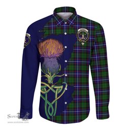 Scottish Russell Modern Clan Tartan Crest with Thistle and Scotland Map Tartan Long Sleeve Shirt Scottish Plaid Tartan Plaid - ScotsTee - scotstee.com