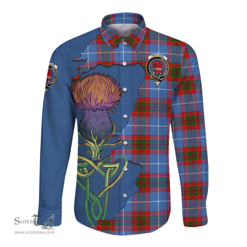 Scottish Pentland Clan Tartan Crest with Thistle and Scotland Map Tartan Long Sleeve Shirt Scottish Plaid Tartan Plaid - ScotsTee - scotstee.com