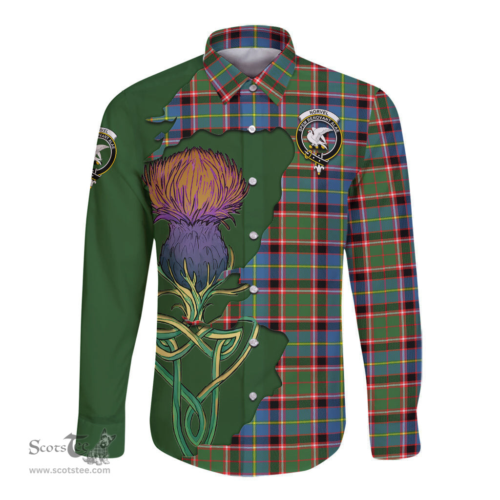 Scottish Norvel Clan Tartan Crest with Thistle and Scotland Map Tartan Long Sleeve Shirt Scottish Plaid Tartan Plaid - ScotsTee - scotstee.com