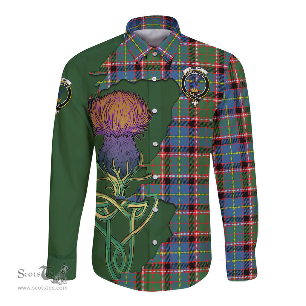 Scottish Stirling Bannockburn Clan Tartan Crest with Thistle and Scotland Map Tartan Long Sleeve Shirt Scottish Plaid Tartan Plaid - ScotsTee - scotstee.com