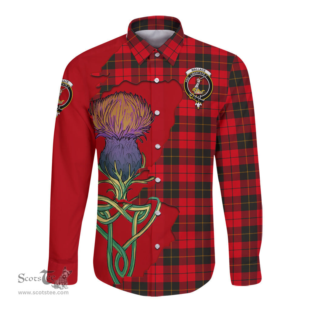 Scottish Wallace Weathered Clan Tartan Crest with Thistle and Scotland Map Tartan Long Sleeve Shirt Scottish Plaid Tartan Plaid - ScotsTee - scotstee.com