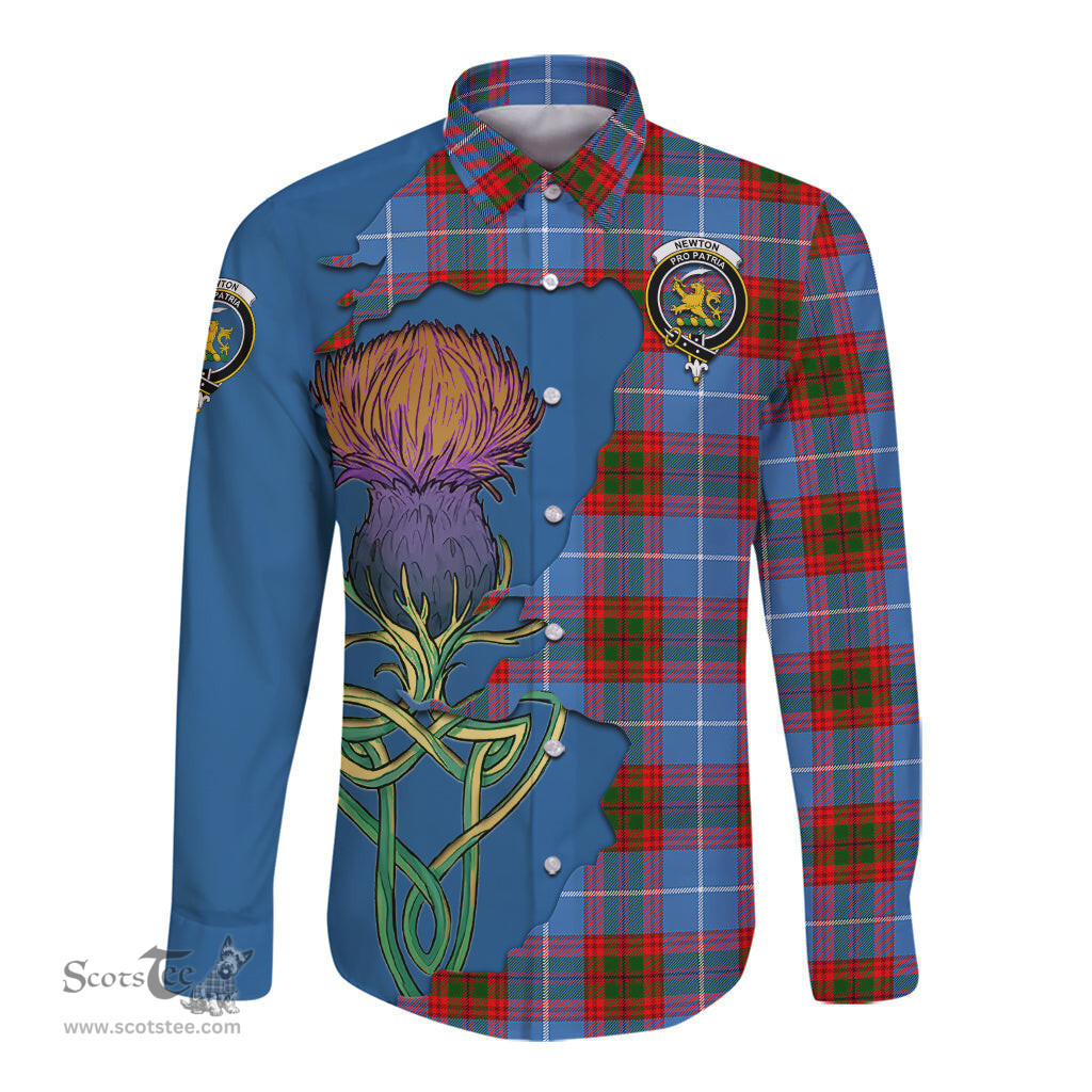 Scottish Newton Clan Tartan Crest with Thistle and Scotland Map Tartan Long Sleeve Shirt Scottish Plaid Tartan Plaid - ScotsTee - scotstee.com