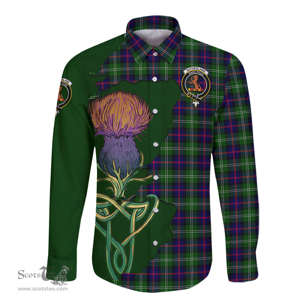 Scottish Sutherland Modern Clan Tartan Crest with Thistle and Scotland Map Tartan Long Sleeve Shirt Scottish Plaid Tartan Plaid - ScotsTee - scotstee.com