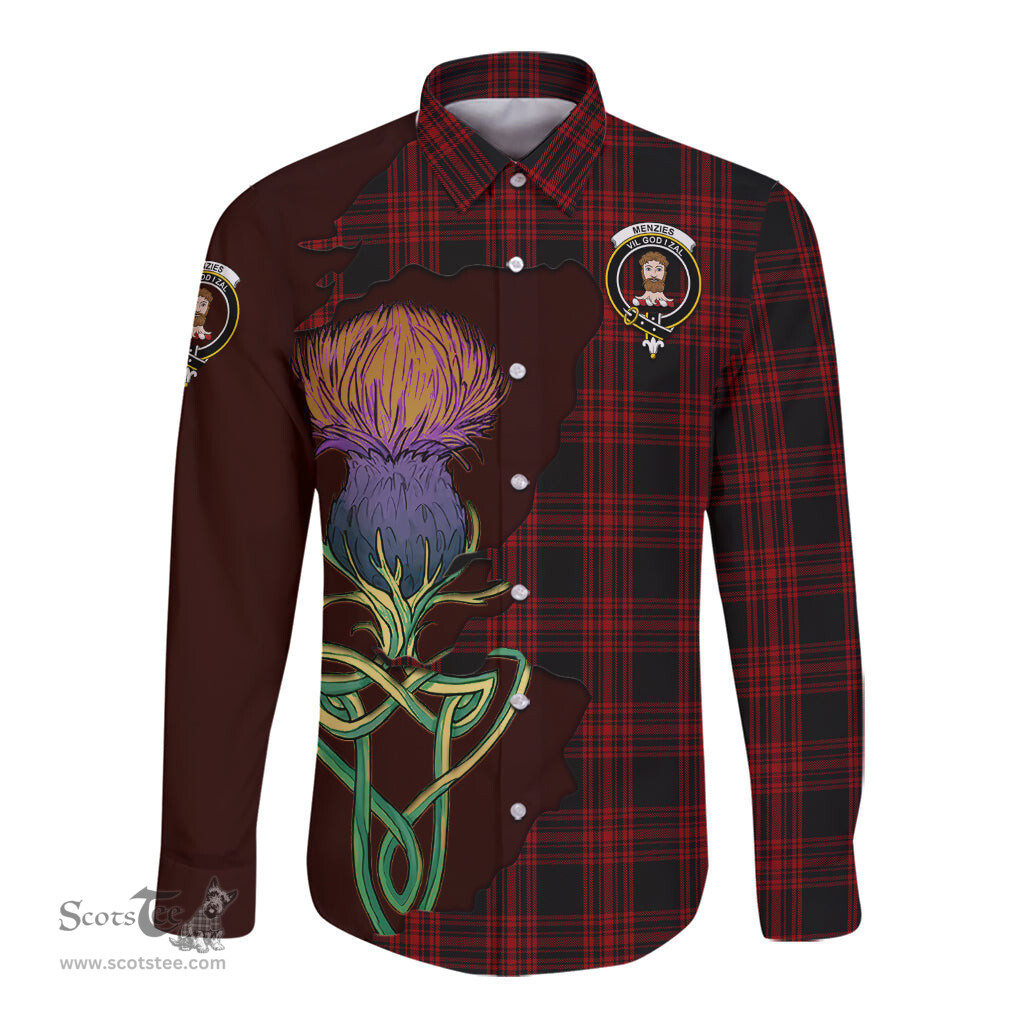 Scottish Menzies Hunting Clan Tartan Crest with Thistle and Scotland Map Tartan Long Sleeve Shirt Scottish Plaid Tartan Plaid - ScotsTee - scotstee.com