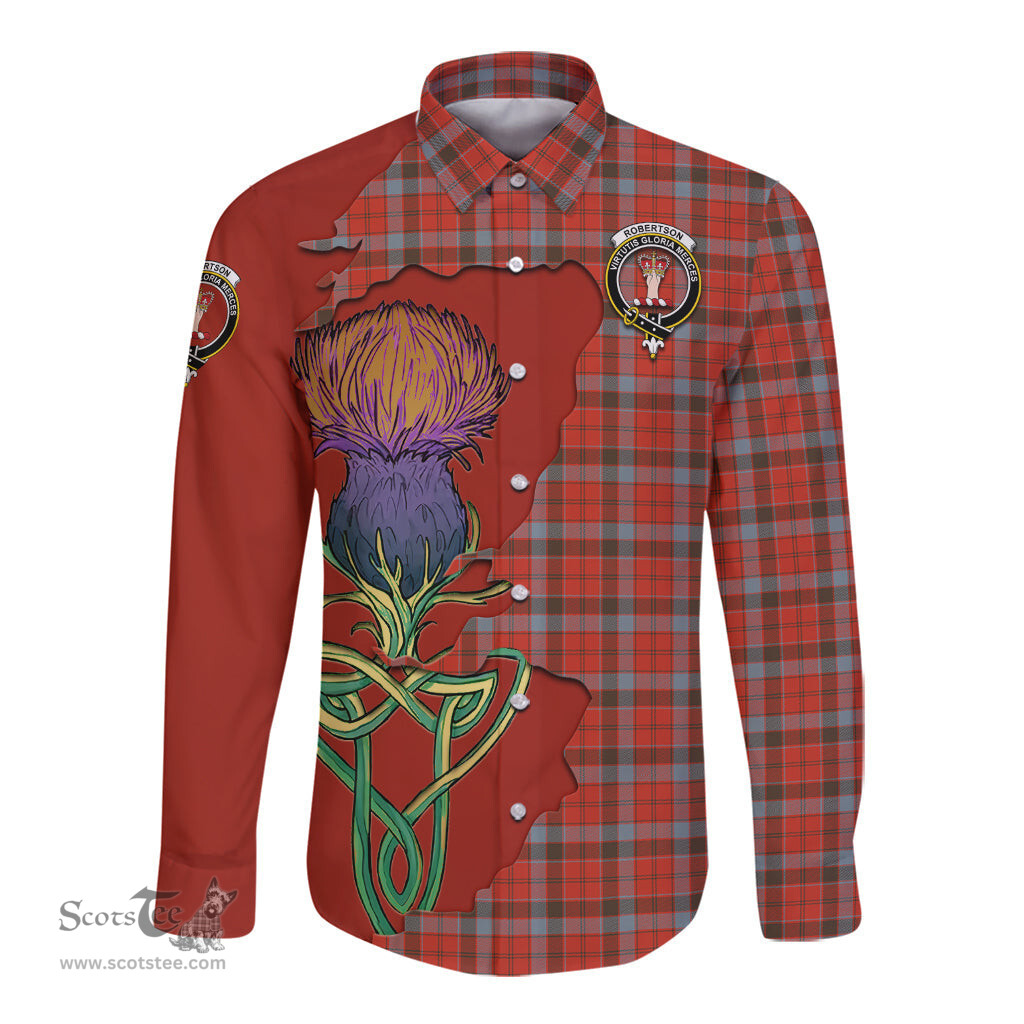Scottish Robertson Weathered Clan Tartan Crest with Thistle and Scotland Map Tartan Long Sleeve Shirt Scottish Plaid Tartan Plaid - ScotsTee - scotstee.com