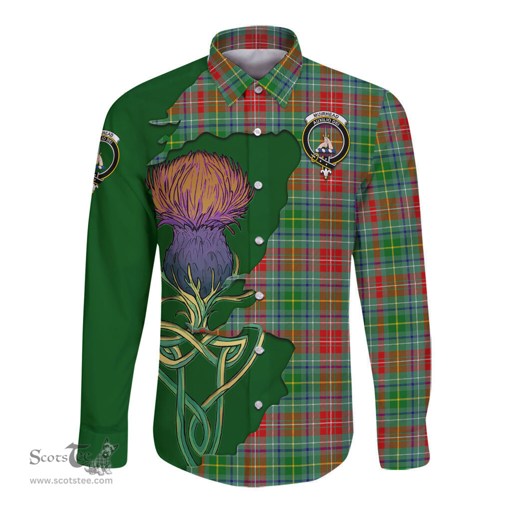 Scottish Muirhead Clan Tartan Crest with Thistle and Scotland Map Tartan Long Sleeve Shirt Scottish Plaid Tartan Plaid - ScotsTee - scotstee.com