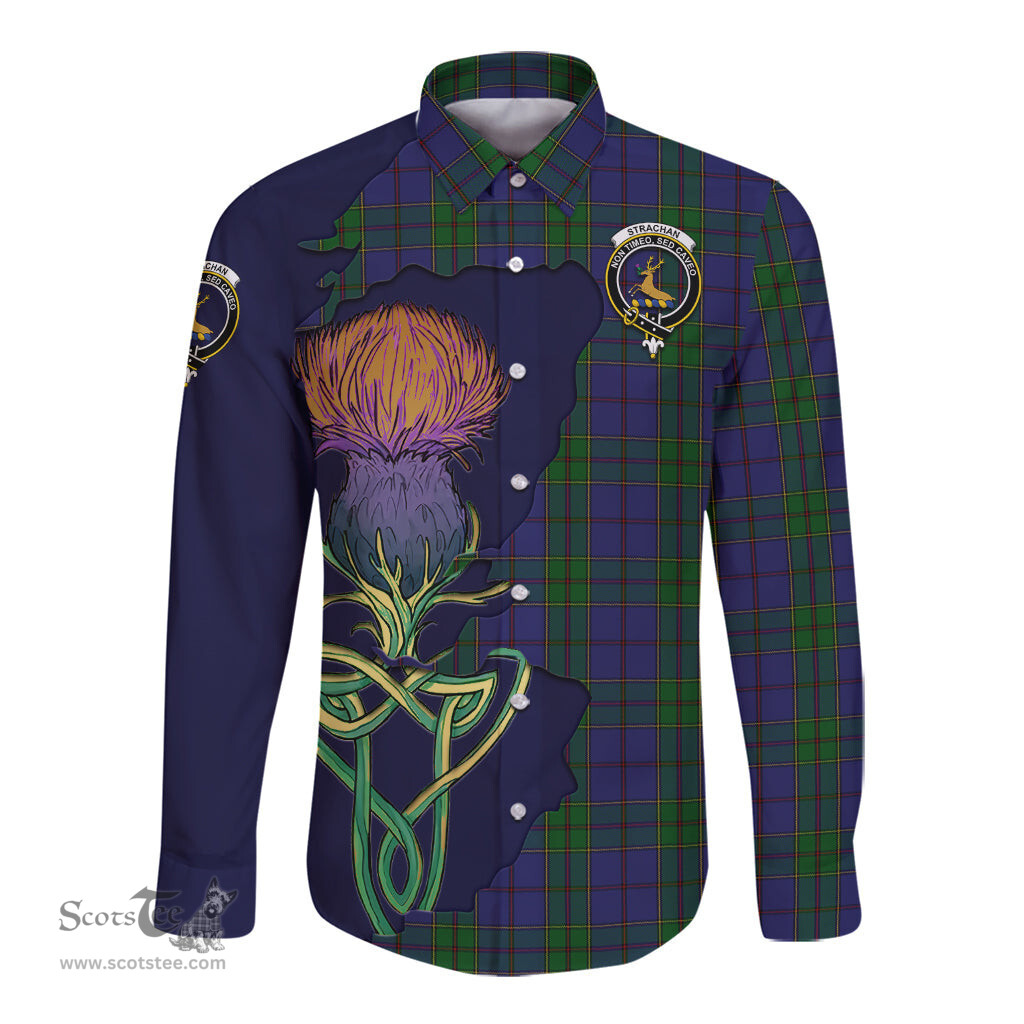Scottish Strachan Clan Tartan Crest with Thistle and Scotland Map Tartan Long Sleeve Shirt Scottish Plaid Tartan Plaid - ScotsTee - scotstee.com