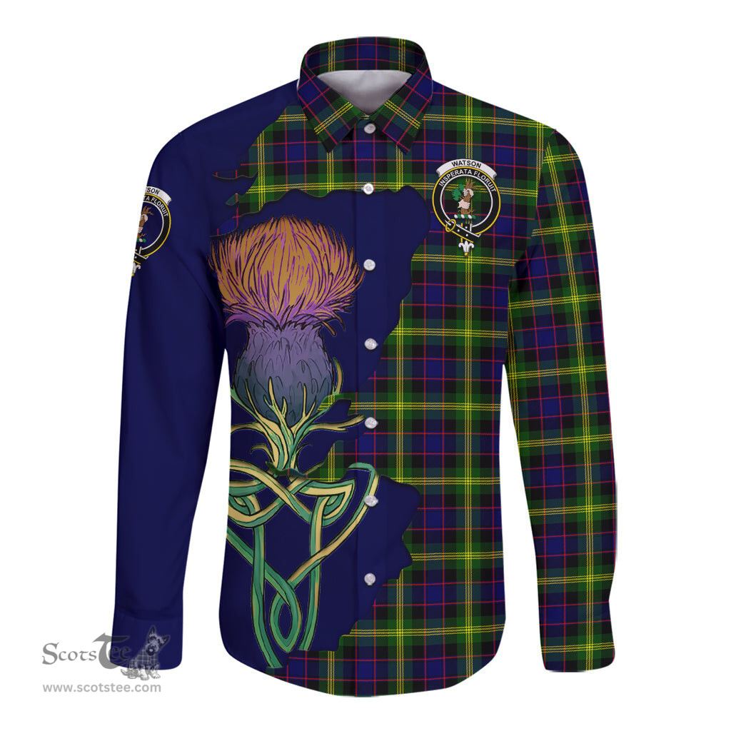 Scottish Watson Modern Clan Tartan Crest with Thistle and Scotland Map Tartan Long Sleeve Shirt Scottish Plaid Tartan Plaid - ScotsTee - scotstee.com