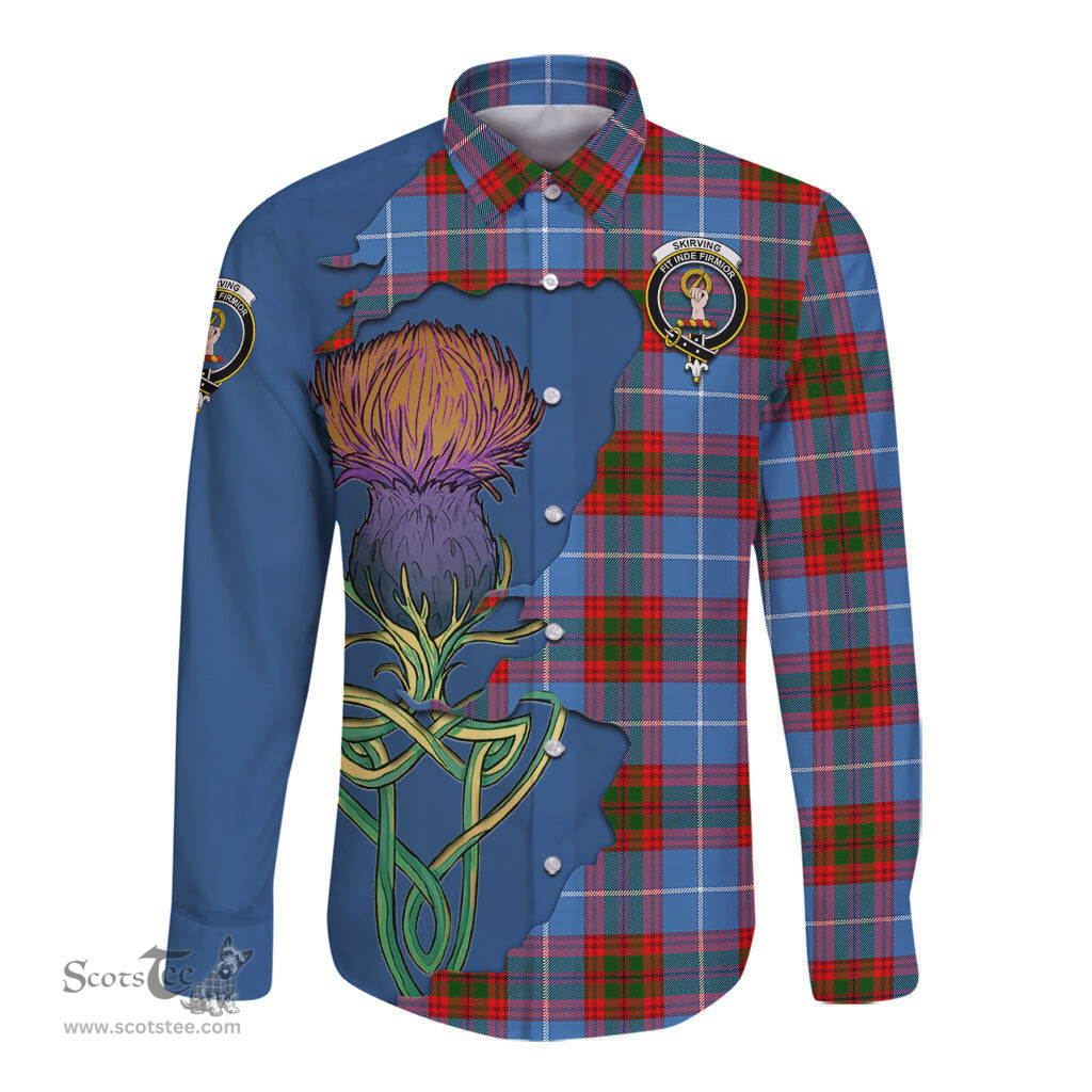 Scottish Skirving Clan Tartan Crest with Thistle and Scotland Map Tartan Long Sleeve Shirt Scottish Plaid Tartan Plaid - ScotsTee - scotstee.com