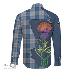 Scottish Menzies Dress Blue and White Clan Tartan Crest with Thistle and Scotland Map Tartan Long Sleeve Shirt Scottish Plaid Tartan Plaid - ScotsTee - scotstee.com