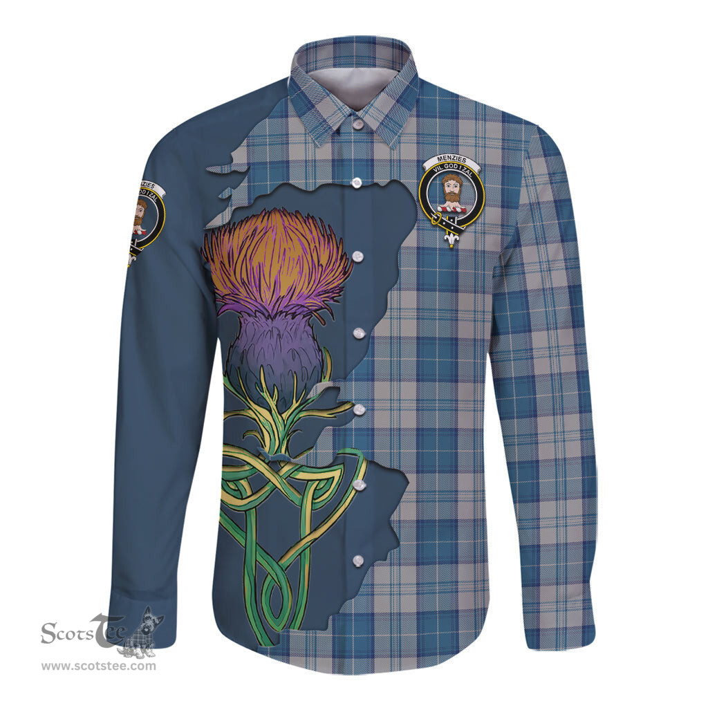 Scottish Menzies Dress Blue and White Clan Tartan Crest with Thistle and Scotland Map Tartan Long Sleeve Shirt Scottish Plaid Tartan Plaid - ScotsTee - scotstee.com