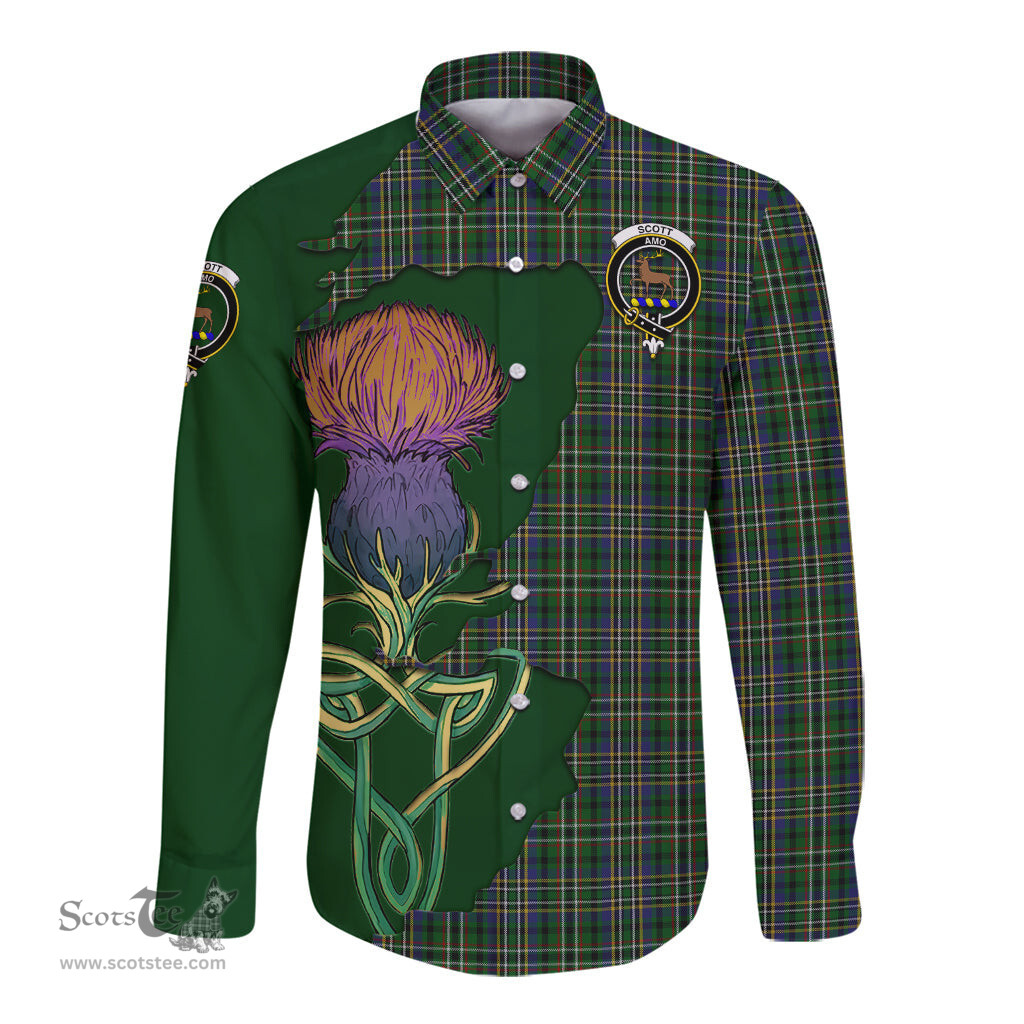 Scottish Scott Green Clan Tartan Crest with Thistle and Scotland Map Tartan Long Sleeve Shirt Scottish Plaid Tartan Plaid - ScotsTee - scotstee.com