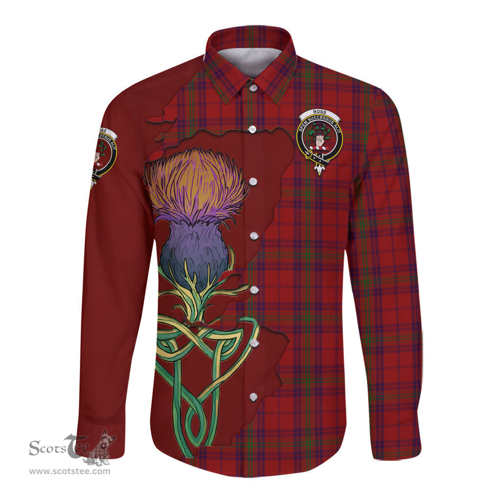 Scottish Ross Old Clan Tartan Crest with Thistle and Scotland Map Tartan Long Sleeve Shirt Scottish Plaid Tartan Plaid - ScotsTee - scotstee.com