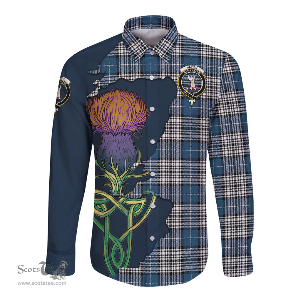 Scottish Napier Modern Clan Tartan Crest with Thistle and Scotland Map Tartan Long Sleeve Shirt Scottish Plaid Tartan Plaid - ScotsTee - scotstee.com