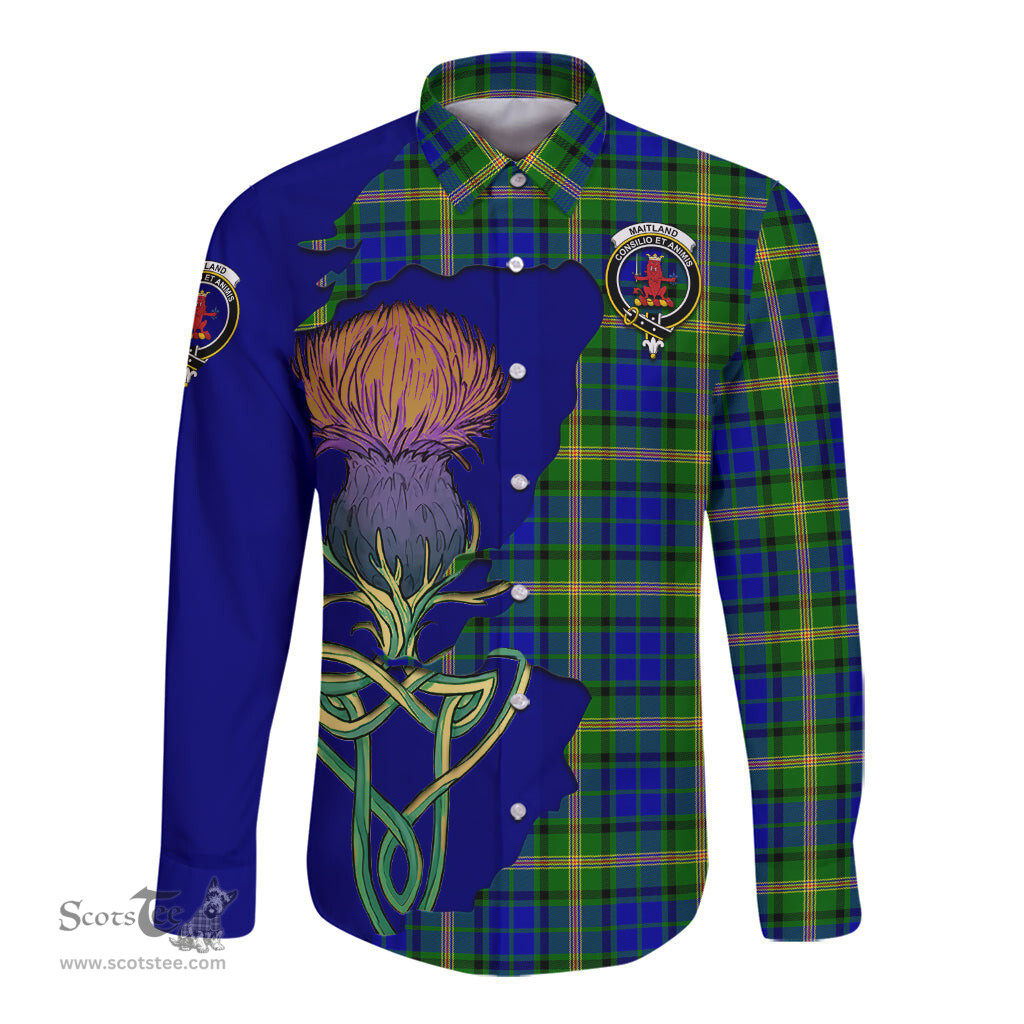 Scottish Maitland Clan Tartan Crest with Thistle and Scotland Map Tartan Long Sleeve Shirt Scottish Plaid Tartan Plaid - ScotsTee - scotstee.com