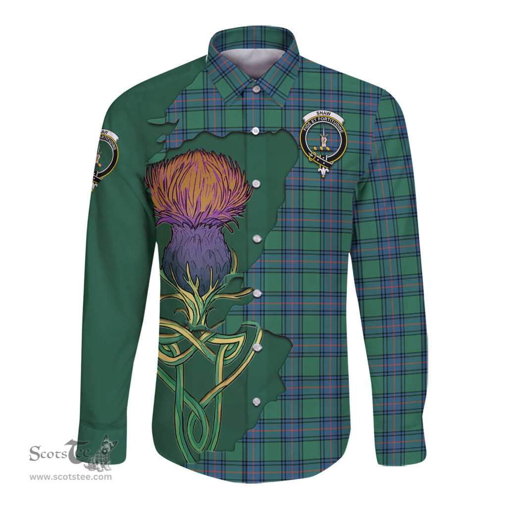 Scottish Shaw Ancient Clan Tartan Crest with Thistle and Scotland Map Tartan Long Sleeve Shirt Scottish Plaid Tartan Plaid - ScotsTee - scotstee.com