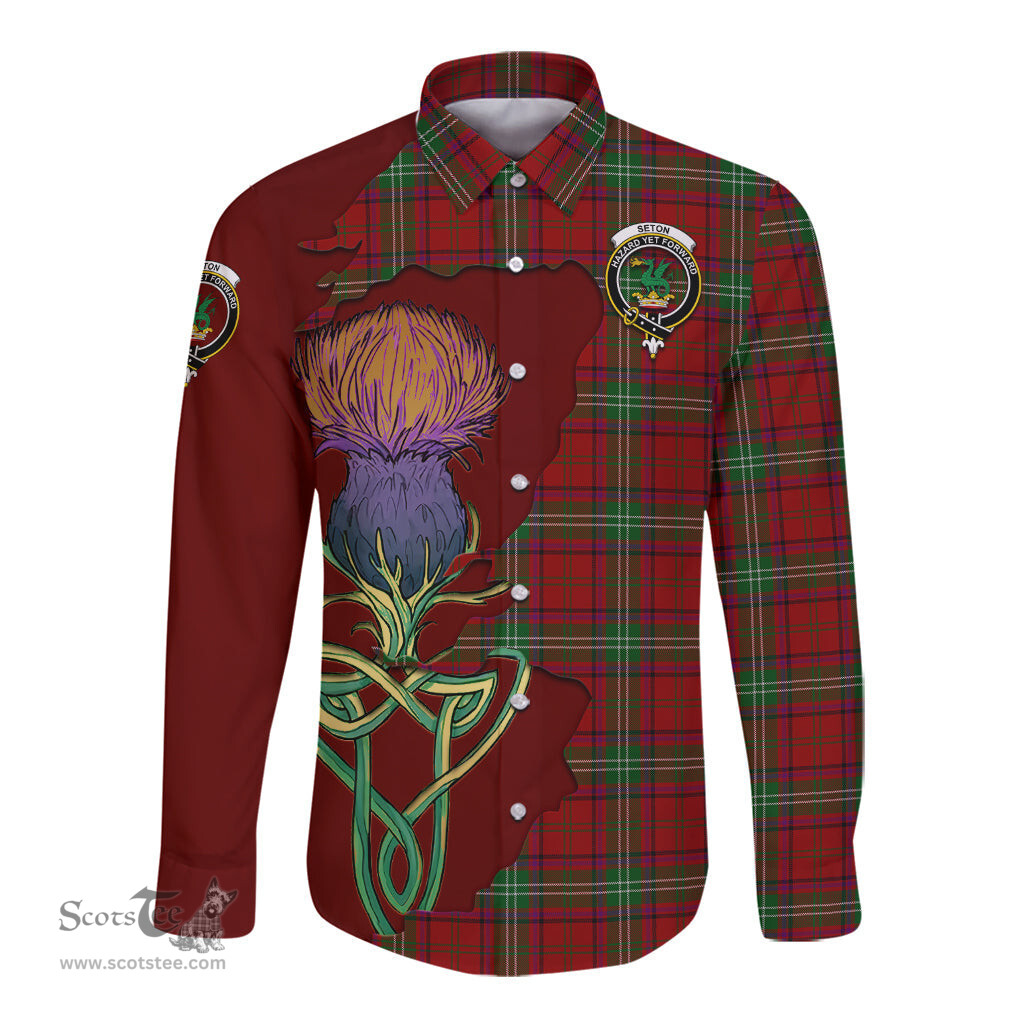 Scottish Seton Clan Tartan Crest with Thistle and Scotland Map Tartan Long Sleeve Shirt Scottish Plaid Tartan Plaid - ScotsTee - scotstee.com