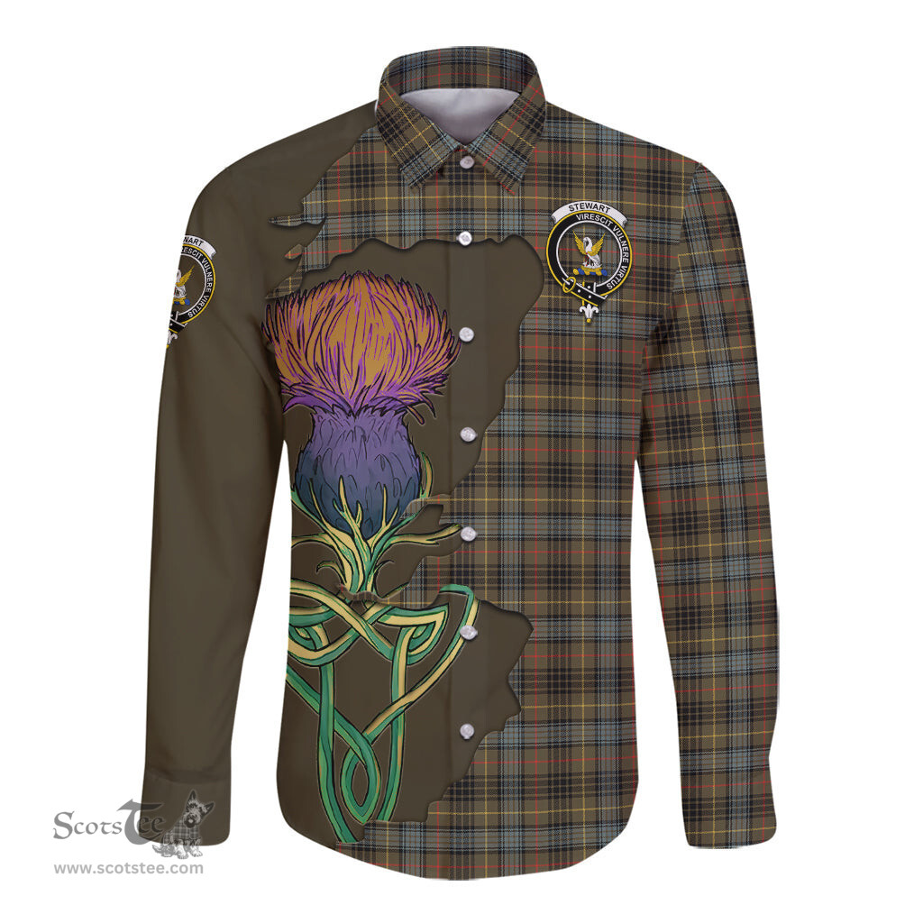 Scottish Stewart Hunting Weathered Clan Tartan Crest with Thistle and Scotland Map Tartan Long Sleeve Shirt Scottish Plaid Tartan Plaid - ScotsTee - scotstee.com