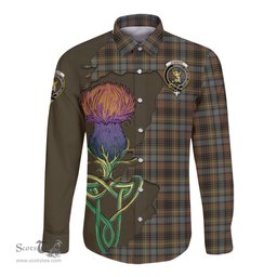 Scottish Stewart Hunting Weathered Clan Tartan Crest with Thistle and Scotland Map Tartan Long Sleeve Shirt Scottish Plaid Tartan Plaid - ScotsTee - scotstee.com