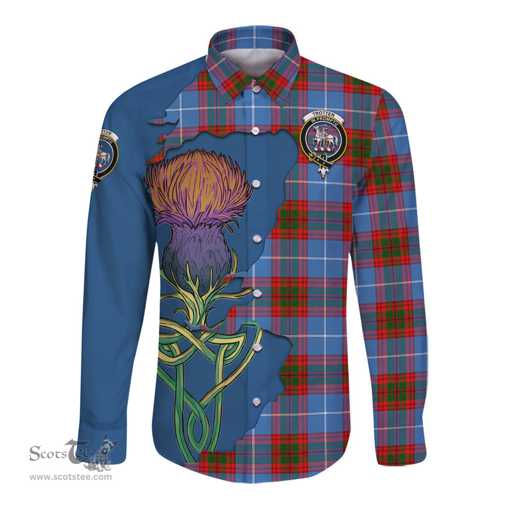 Scottish Trotter Clan Tartan Crest with Thistle and Scotland Map Tartan Long Sleeve Shirt Scottish Plaid Tartan Plaid - ScotsTee - scotstee.com