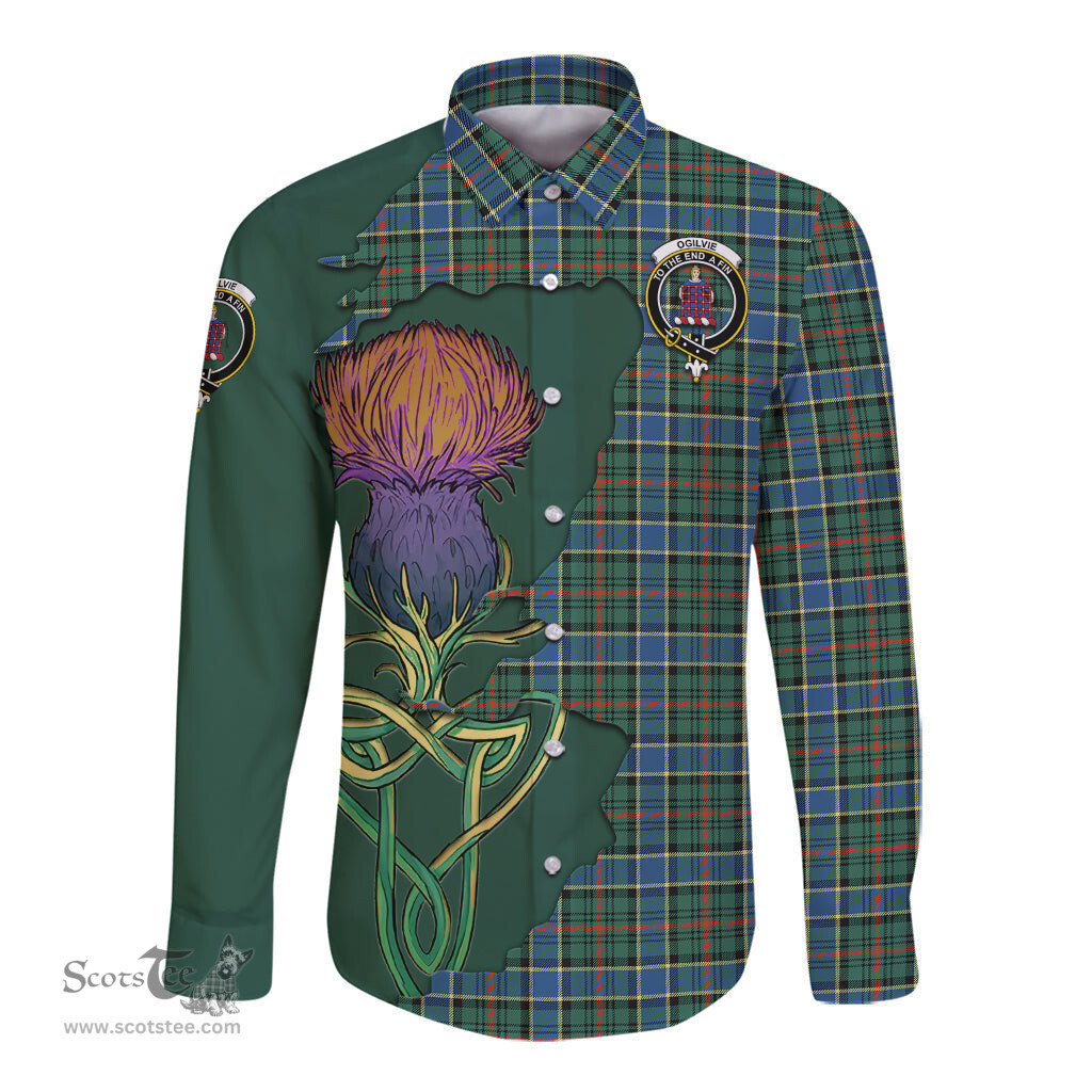 Scottish Ogilvie (Ogilvy) Hunting Ancient Clan Tartan Crest with Thistle and Scotland Map Tartan Long Sleeve Shirt Scottish Plaid Tartan Plaid - ScotsTee - scotstee.com