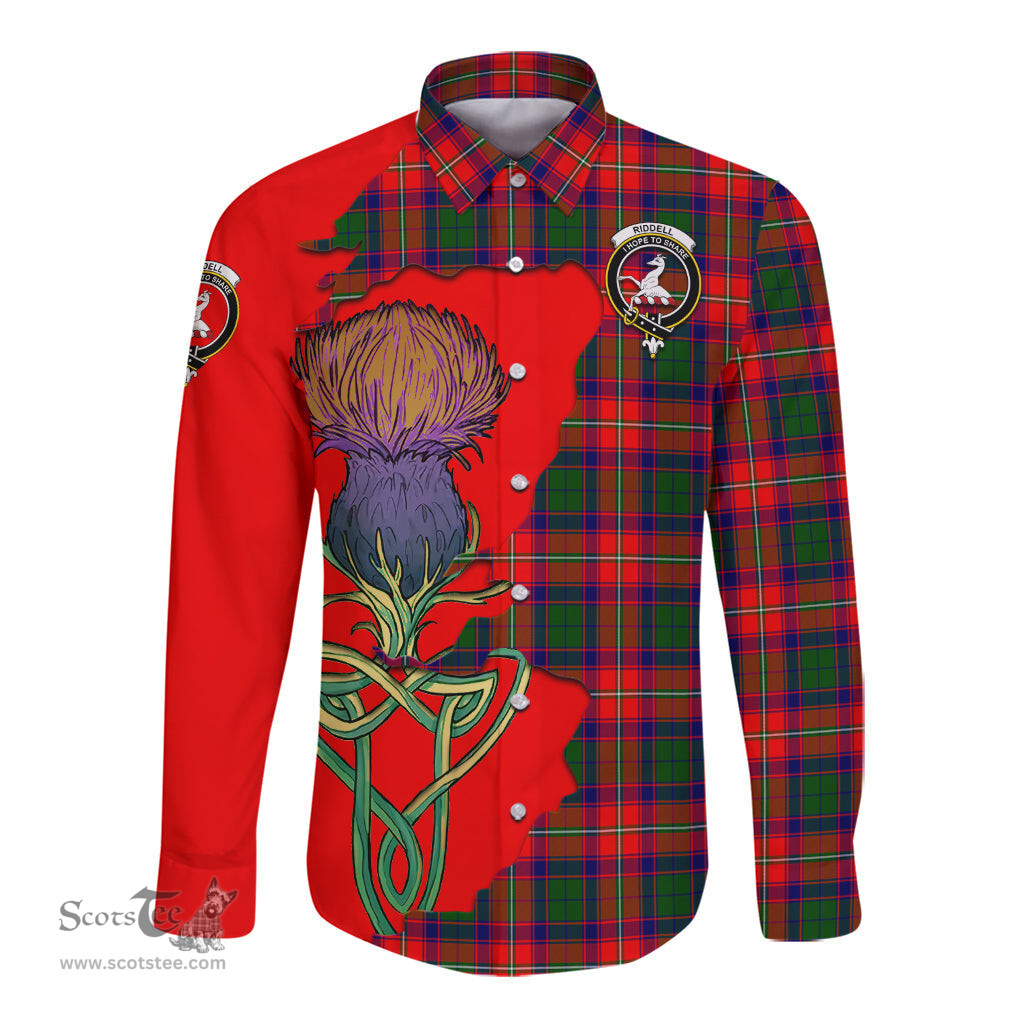 Scottish Riddell Clan Tartan Crest with Thistle and Scotland Map Tartan Long Sleeve Shirt Scottish Plaid Tartan Plaid - ScotsTee - scotstee.com