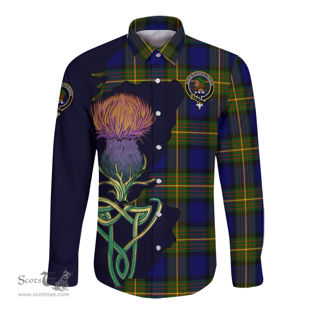 Scottish Moore Clan Tartan Crest with Thistle and Scotland Map Tartan Long Sleeve Shirt Scottish Plaid Tartan Plaid - ScotsTee - scotstee.com