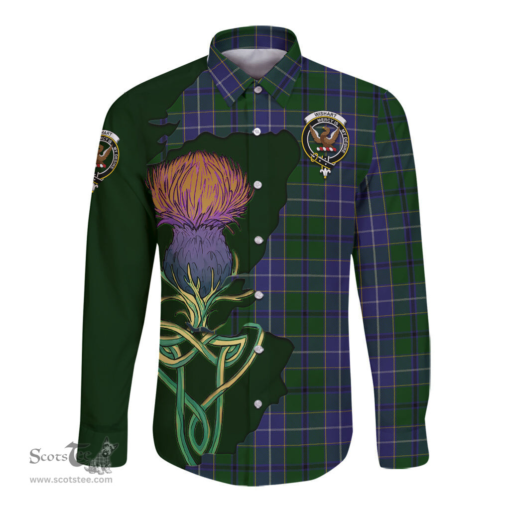 Scottish Wishart Hunting Clan Tartan Crest with Thistle and Scotland Map Tartan Long Sleeve Shirt Scottish Plaid Tartan Plaid - ScotsTee - scotstee.com