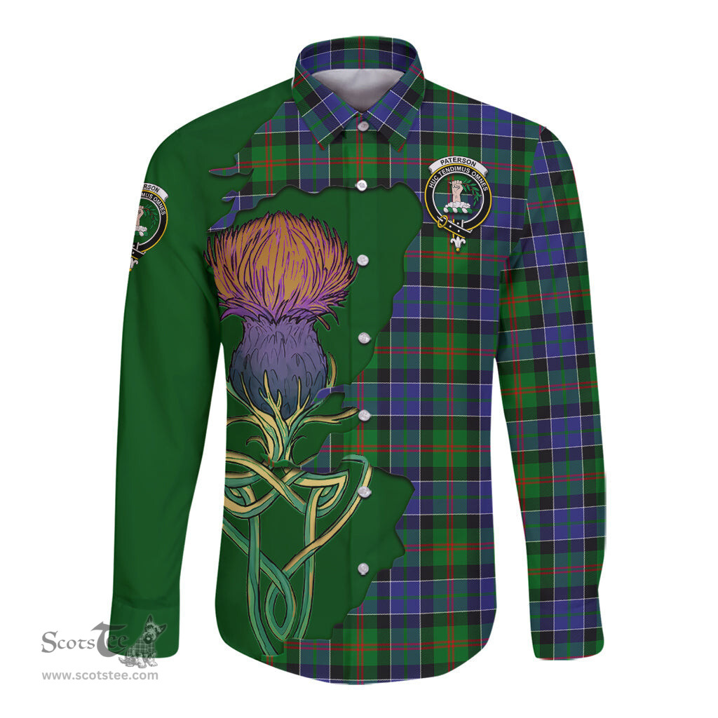 Scottish Paterson Clan Tartan Crest with Thistle and Scotland Map Tartan Long Sleeve Shirt Scottish Plaid Tartan Plaid - ScotsTee - scotstee.com