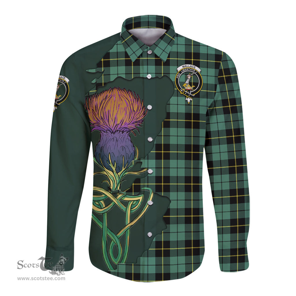 Scottish Wallace Hunting Ancient Clan Tartan Crest with Thistle and Scotland Map Tartan Long Sleeve Shirt Scottish Plaid Tartan Plaid - ScotsTee - scotstee.com