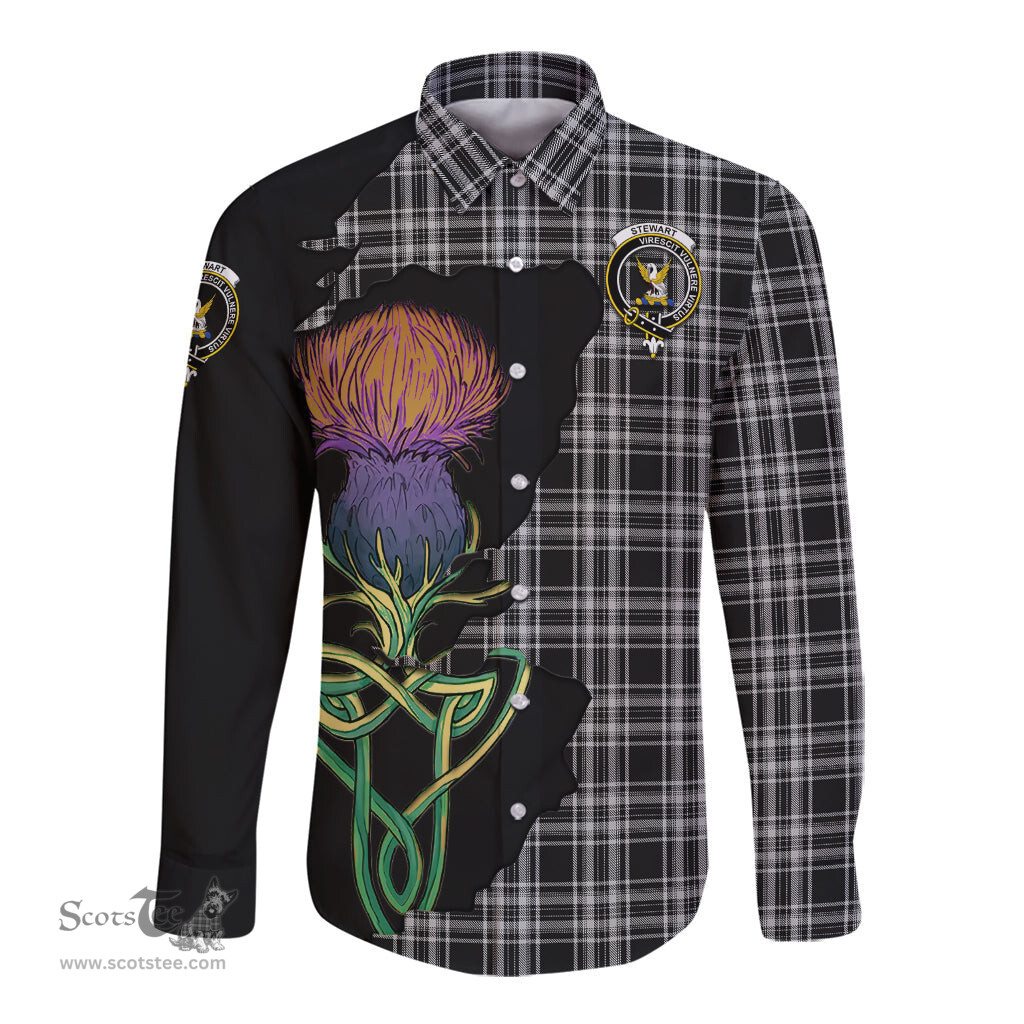 Scottish Stewart Black and White Clan Tartan Crest with Thistle and Scotland Map Tartan Long Sleeve Shirt Scottish Plaid Tartan Plaid - ScotsTee - scotstee.com