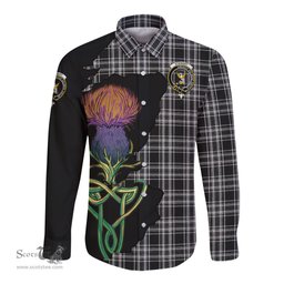 Scottish Stewart Black and White Clan Tartan Crest with Thistle and Scotland Map Tartan Long Sleeve Shirt Scottish Plaid Tartan Plaid - ScotsTee - scotstee.com