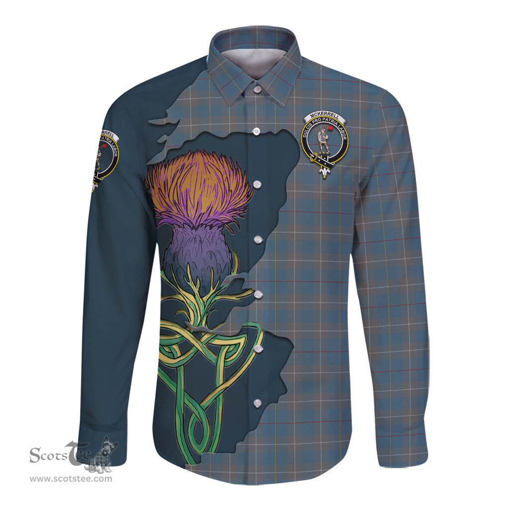Scottish McKerrell of Hillhouse Dress Clan Tartan Crest with Thistle and Scotland Map Tartan Long Sleeve Shirt Scottish Plaid Tartan Plaid - ScotsTee - scotstee.com