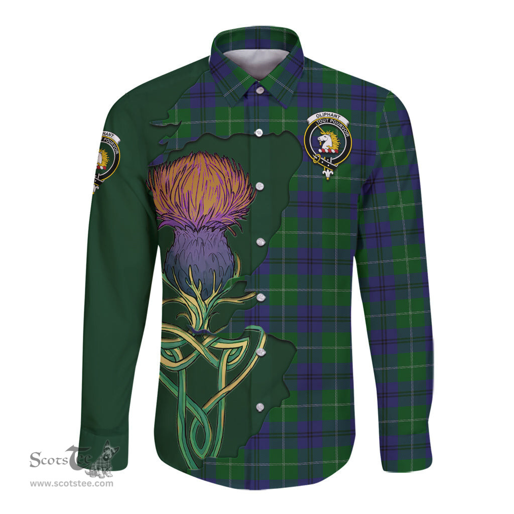 Scottish Oliphant Clan Tartan Crest with Thistle and Scotland Map Tartan Long Sleeve Shirt Scottish Plaid Tartan Plaid - ScotsTee - scotstee.com