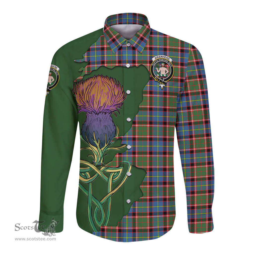 Scottish Aikenhead Clan Tartan Crest with Thistle and Scotland Map Tartan Long Sleeve Shirt Scottish Plaid Tartan Plaid - ScotsTee - scotstee.com
