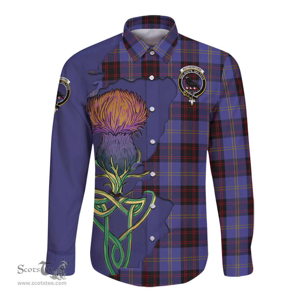 Scottish Rutherford Clan Tartan Crest with Thistle and Scotland Map Tartan Long Sleeve Shirt Scottish Plaid Tartan Plaid - ScotsTee - scotstee.com