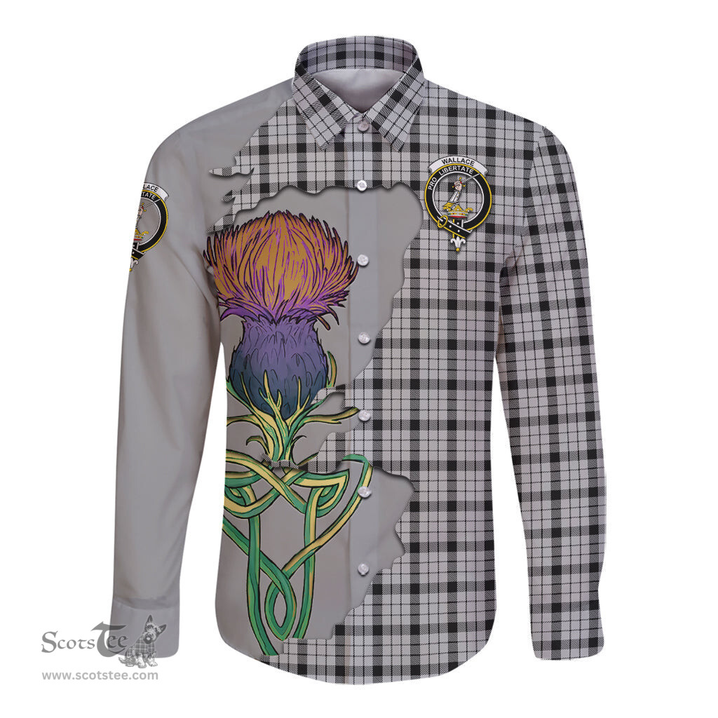 Scottish Wallace Dress Clan Tartan Crest with Thistle and Scotland Map Tartan Long Sleeve Shirt Scottish Plaid Tartan Plaid - ScotsTee - scotstee.com
